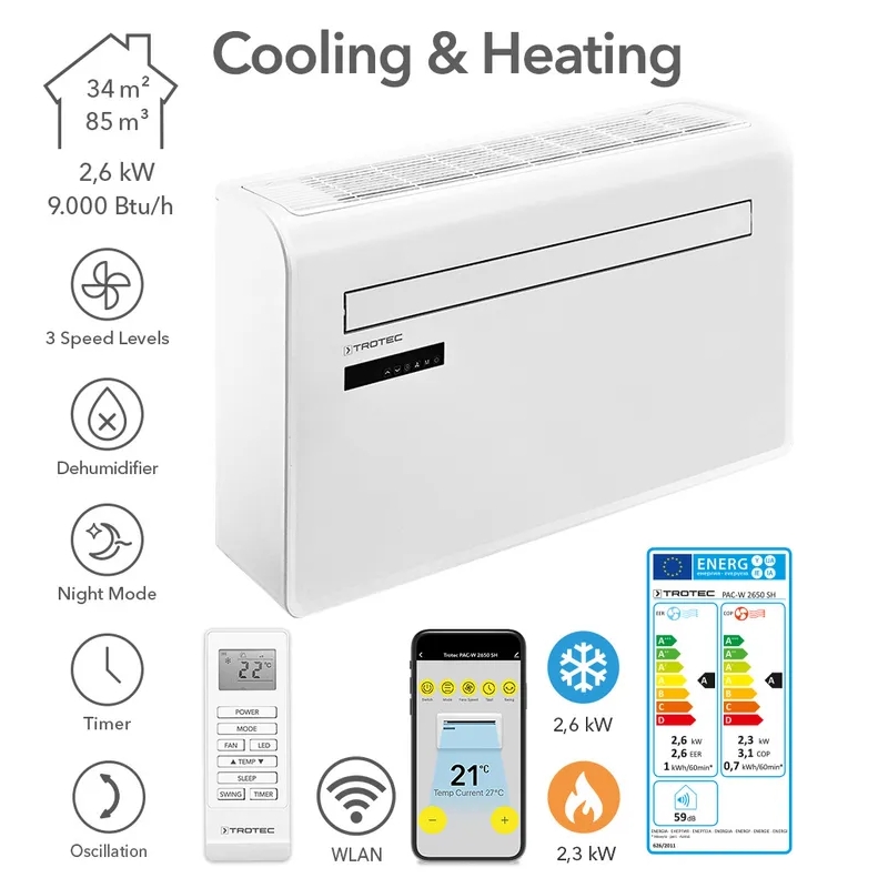 Nástenná klimatizácia PAC-W 2650 SH Trotec - 2,6 kW (9 000 Btu/h), Wi-Fi