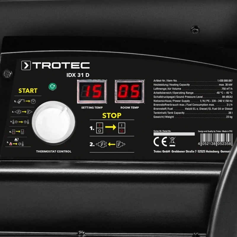 Nafťové topidlo s priamym spaľovaním IDX50D TROTEC - 50 kW, 1100 m?/h, termostat